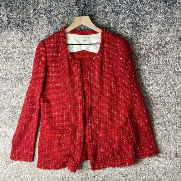 IRO Jacket Womens 36 Red QUETSY Boucle Tweed Open Front Frayed Trim Raw Edge - Picture 1 of 7